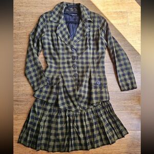 Betsey Johnson Vintage Plaid Skirt Blazer Suit Set Size Large Green Black Grunge